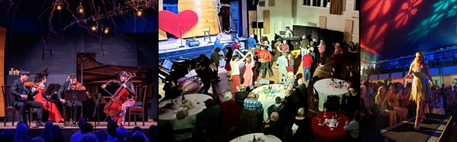 Three panel banner shows images from MV Chamber Music Festival, Valentine's Day Event and the Trashion Show.
